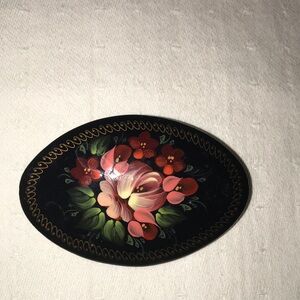 Vintage Hand Painted Russian Hand Painted on Wood Floral Brooch- Signed